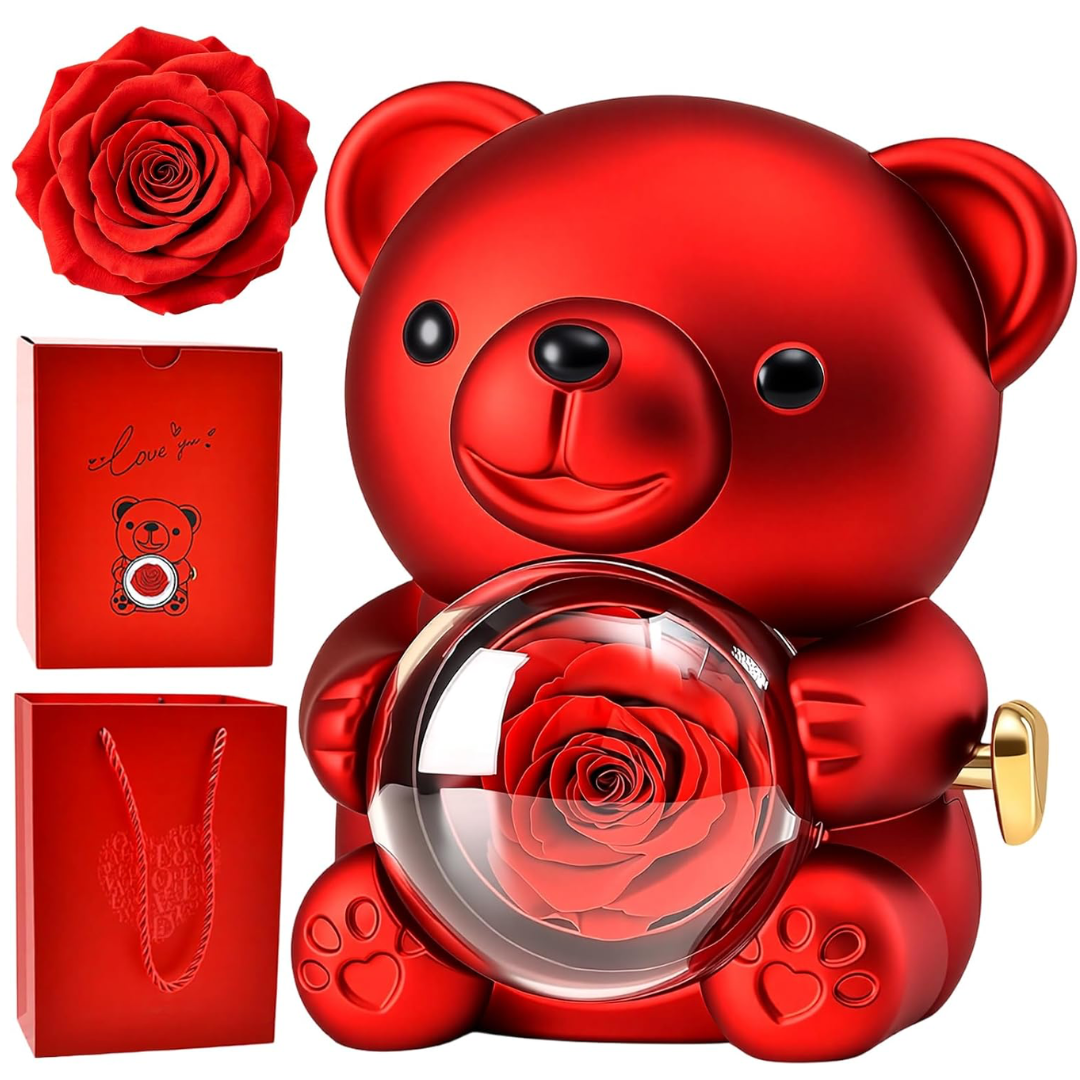 Regalo con Forma de Oso de Peluche y Rosa